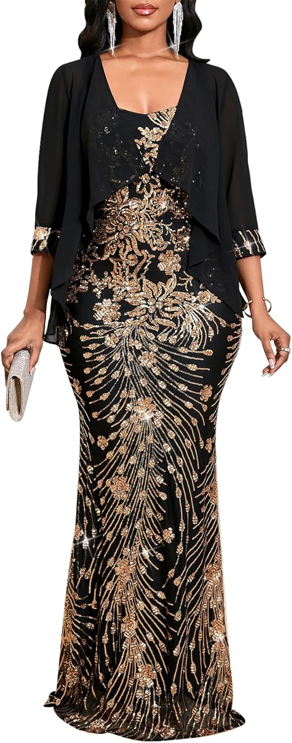 Cololura Two Piece Women's Sequin Dress-Elegant Sleeveless Cocktail Bodycon Party Evening Gown Dress with Jackets