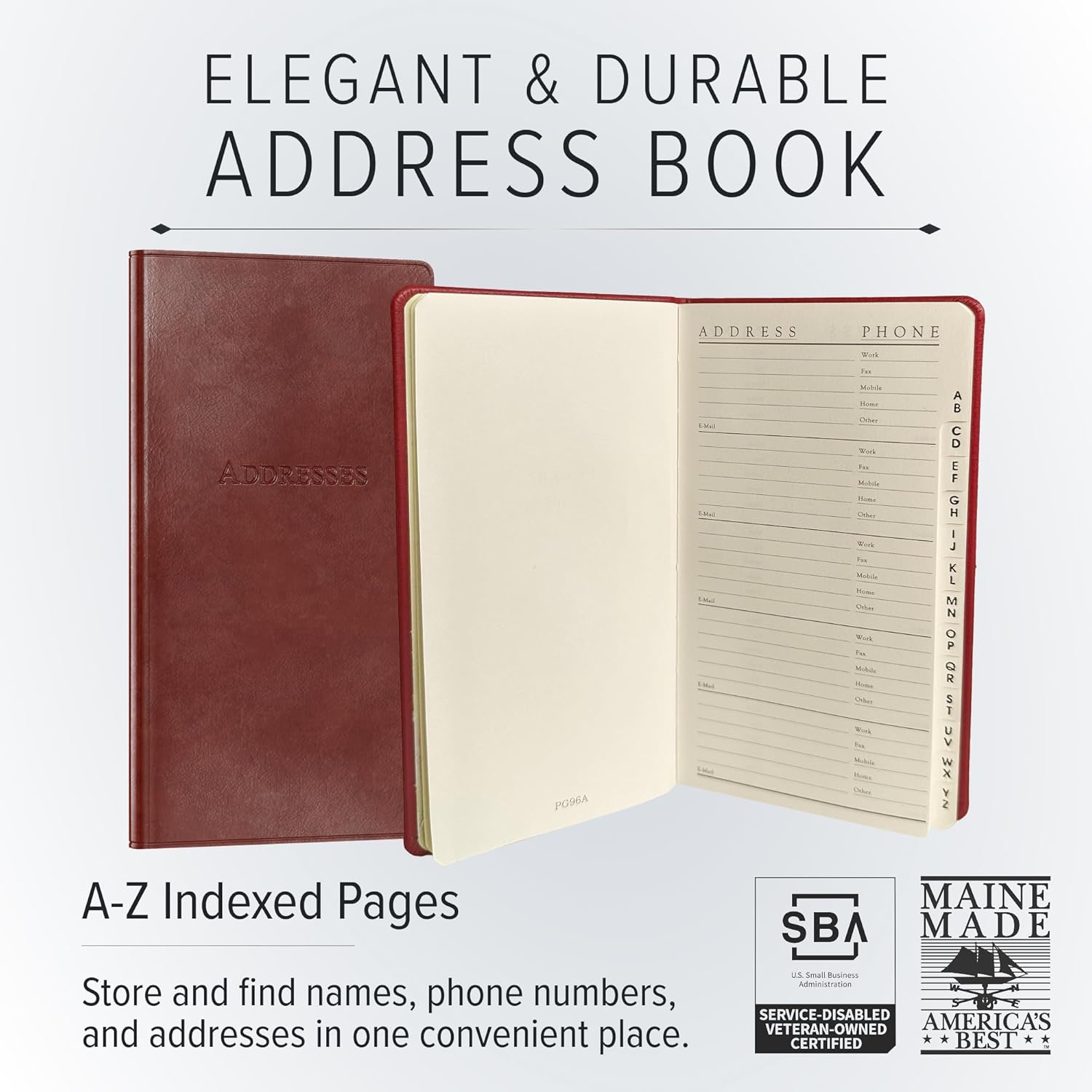 Gallery Leather Small Address Book with Alphabetical Tabs up to 403 Records, Leather Notebook Hardcover, Telephone and Address Books - 6x3.25", Pocket Address, Acadia Black
