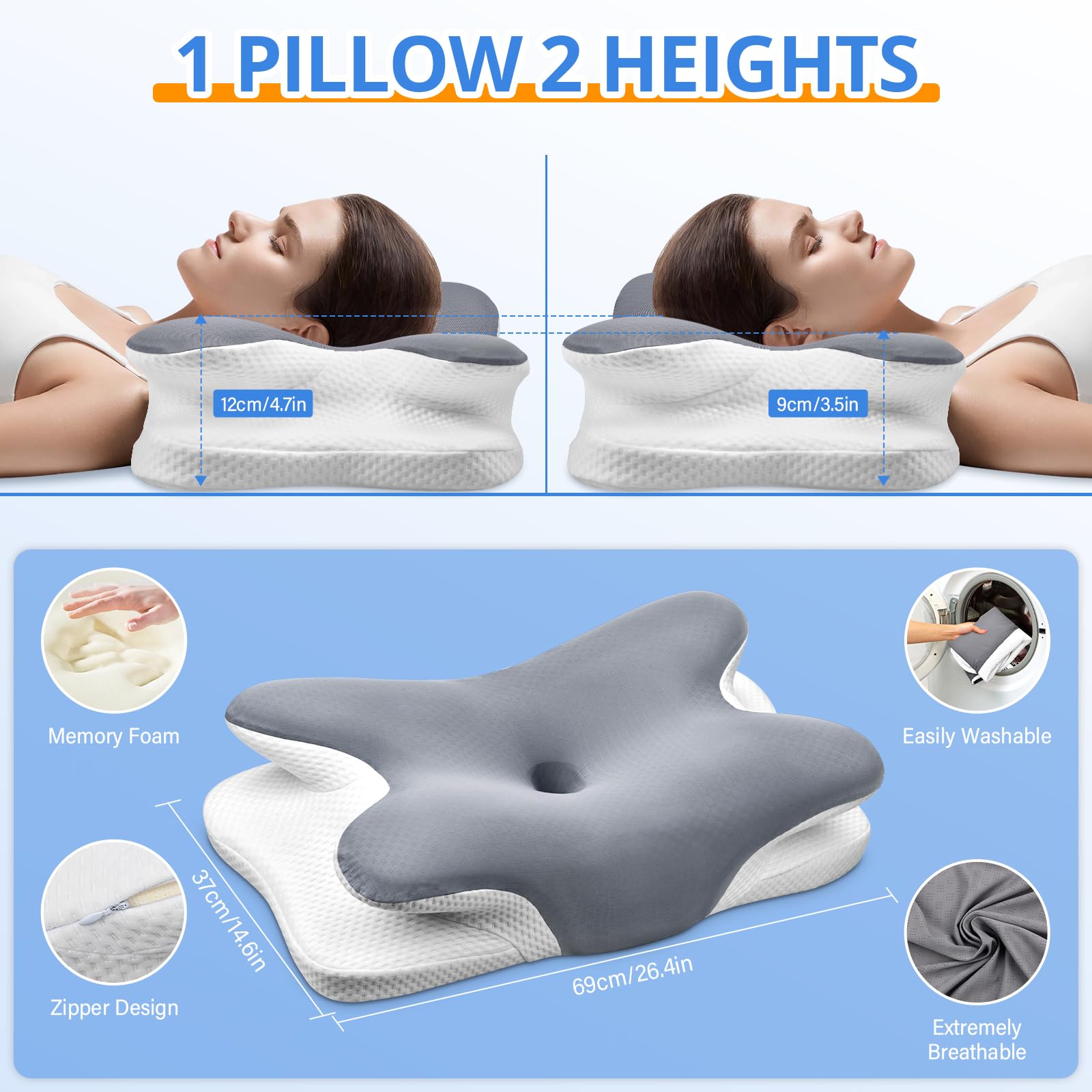 Ehomfory Cuscino Cervicale per Dormire, 2 in 1 Cuscino Ergonomico in Memory Foam, Cuscino per Supporto Cervicale con Federa Sfoderabile e Lavabile, 62x41x9/12 cm (Grigio)