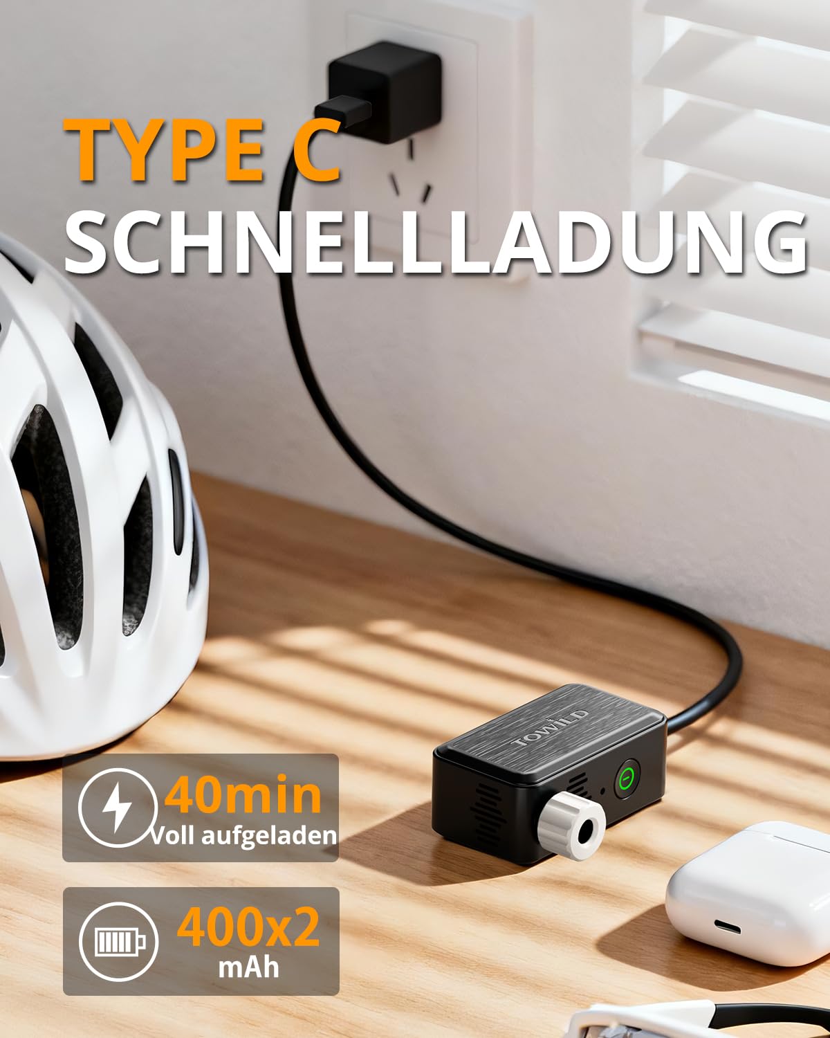 TOWILD A05 Elektrische Fahrradluftpumpe 130 PSI - Mini Luftkompressor mit LED-Licht - Tragbare Fahrradpumpe mit 2×400 mAh Akku, USB-C Aufladung, Presta & Schrader Ventil für E-Bike, MTB, Rennrad