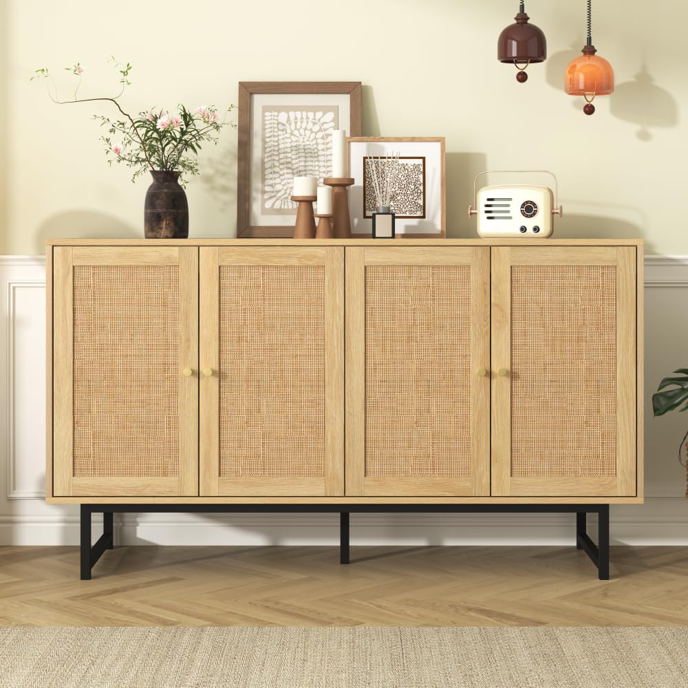 Credenza 140 x 39,5 x 80 cm con vero rattan intrecciato, armadio buffet a 4 ante per soggiorno, sala da pranzo, corridoio
