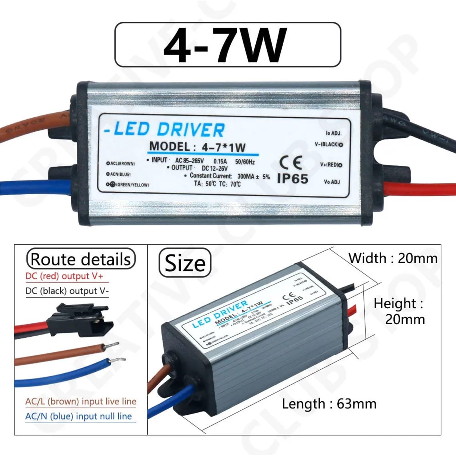 Sterownik LED 1-3 W, 4-7 W, 8-12 W, 12-18 W, 18-25 W, 25-36 W, adapter transformatora AC 85V-265 V, wodoodporny zasilacz IP65 300 mA do panelu świetlnego (4-7 W DC12-26V)