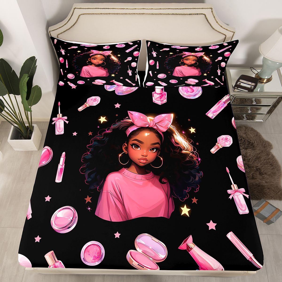 Homewish Prześcieradło z gumką Black Girl King Bowknot z gumką, głęboka kieszeń, 40 cm, zestaw pościeli z gwiazdami, suszarka do włosów, szminka, puder, kompaktowy lakier do paznokci, poszewka na