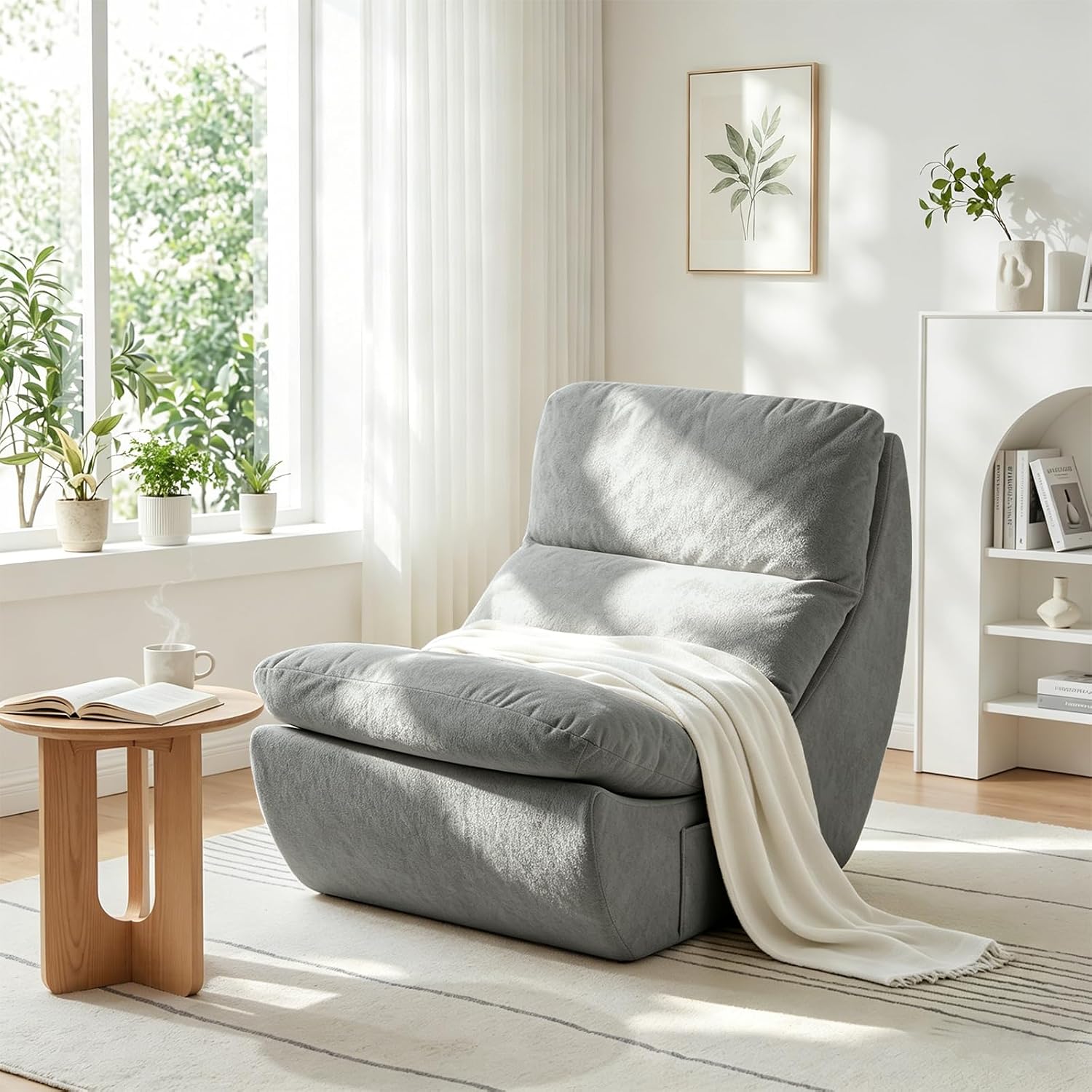 Reading Chairs for Adults, Bean Bag Chairs for Adults, Boneless Chaise Lounge with High Rebound Foam, Machine Washable & Scratch-Resistant Fabric, Fit Living Room & Game Room, 500-lb Capacity, Grey