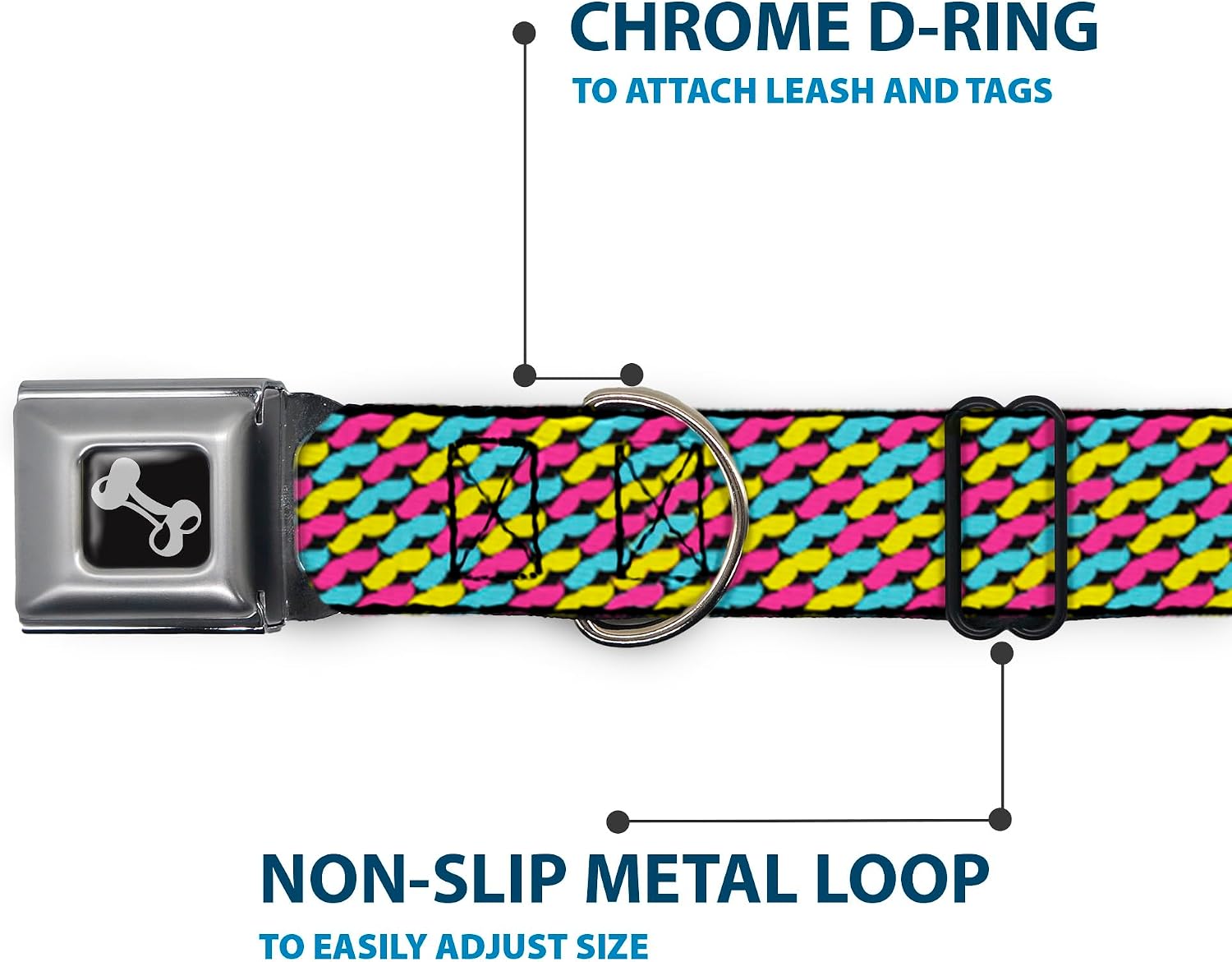 Dog Collar Seatbelt Buckle Mustache Monogram Black Fuchsia Turquoise Yellow 16 to 23 Inches 1.5 Inch Wide