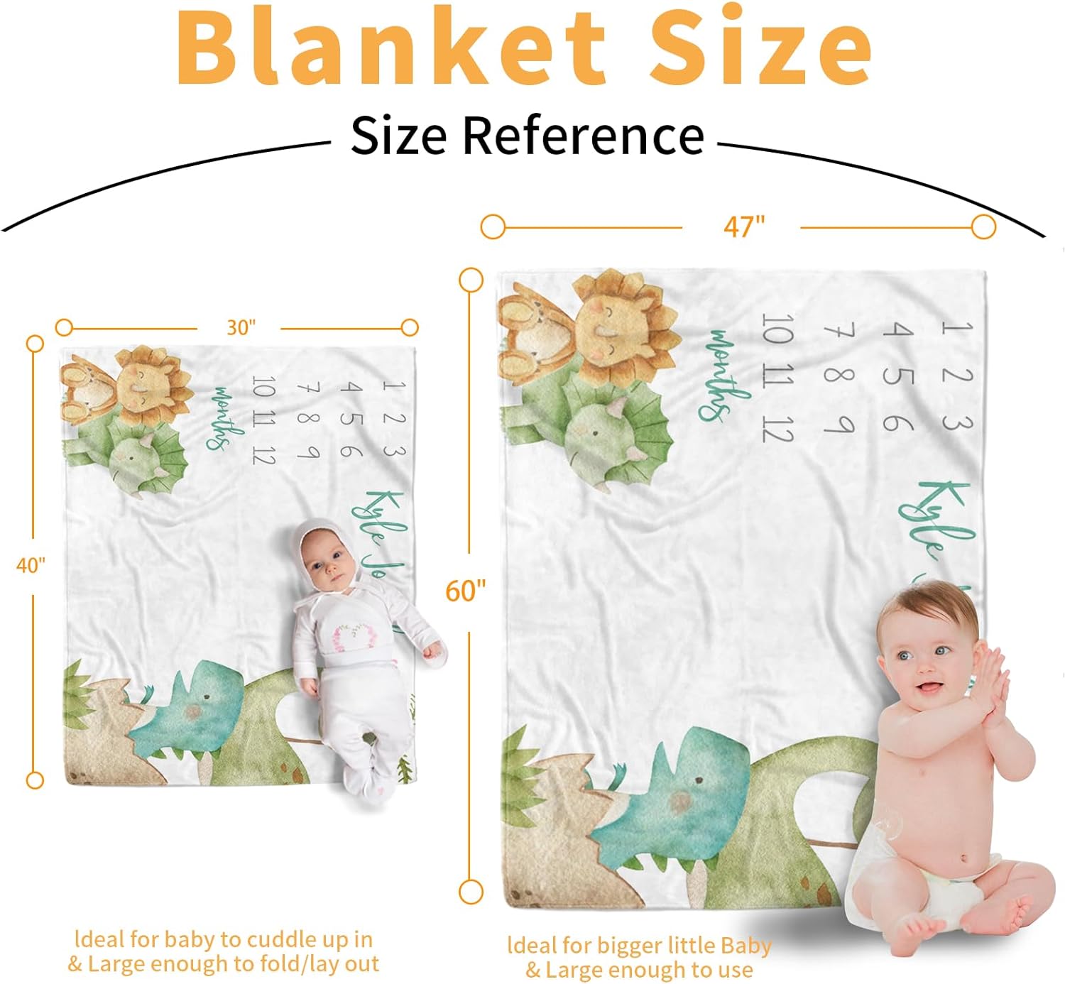 Custom Baby Monthly Milestone Blanket - Custom Name with Dinosaur Designs Photography Background - Soft Plush Blanket with Double Layer Dotted Backing for Boys Girls Gift Color02(47"x60")