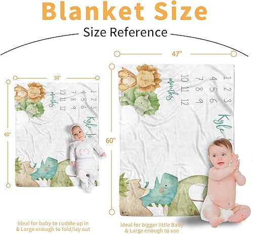 Miniatura 7 de Manta de hito mensual para bebé, nombre personalizado con fondo de fotografía de diseños de dinosaurios, manta de felpa suave con respaldo punteado