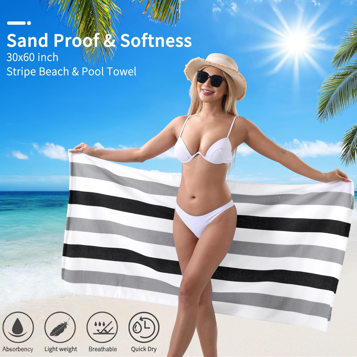 Beach Towel Set-4 Pack 30"x60" Sand Free Stripe Beach Towel for Pool,Bathroom,Soft Absorbent Quick Dry Lightweight Beach Bath Towel,Camping Blanket,Travel Towel,Beach Essentials for Adults,Grey/Black