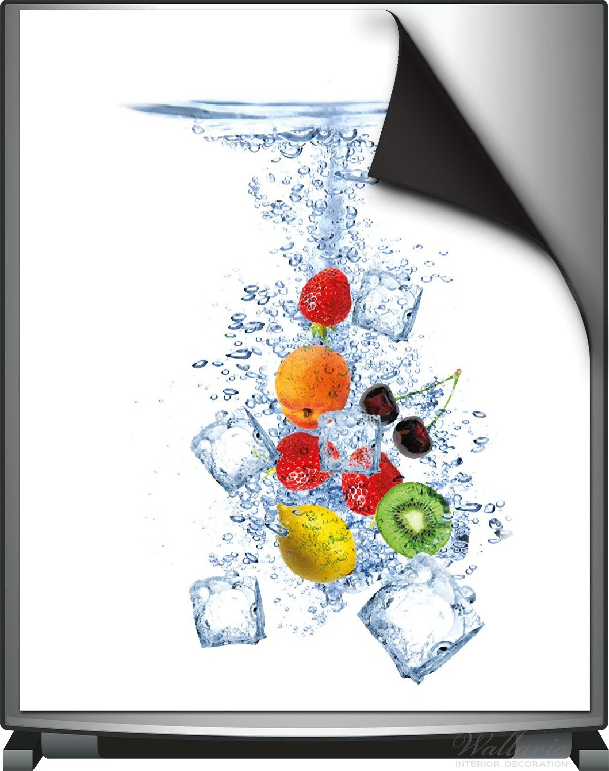 Wallario Magnetfolie für Kühlschrank/Geschirrspüler, magnetisch haftend - 60 x 80 cm, Motiv: Obst-Eiswürfel-Mix im Wasser mit weißem Hintergrund