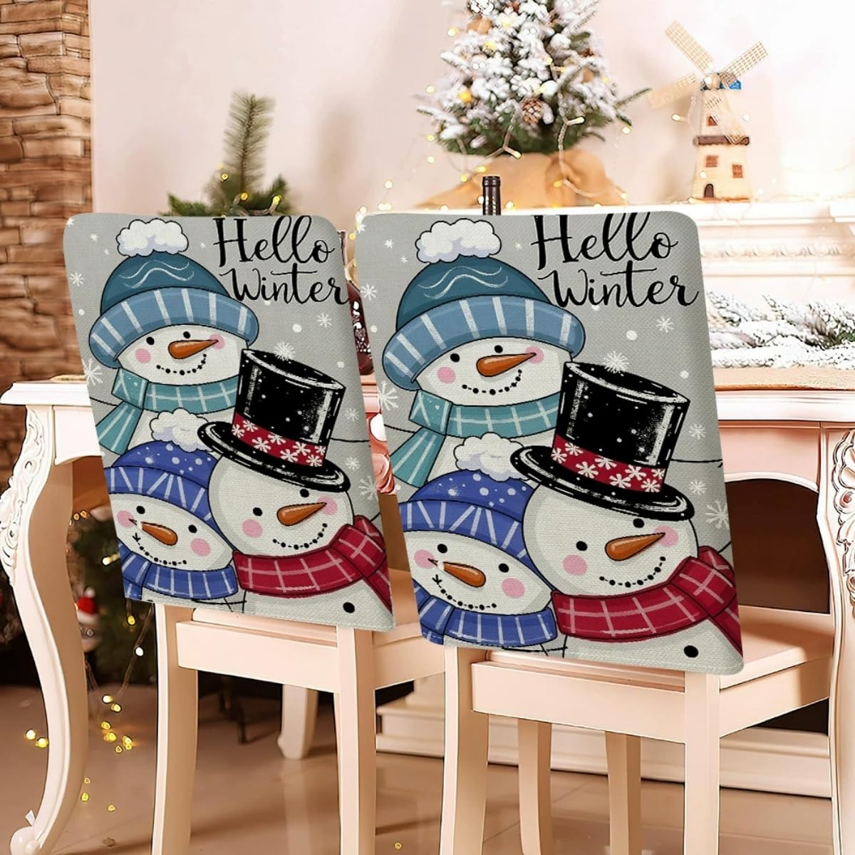 ENEN 2 Piezas Fundas para Sillas de Navidad, Funda para Respaldo de Sillas de Comedor Navideñas con Motif Muñeco de Nieve para Banquetes, Cocina, Fiesta de Año Nuevo (Gris Claro)