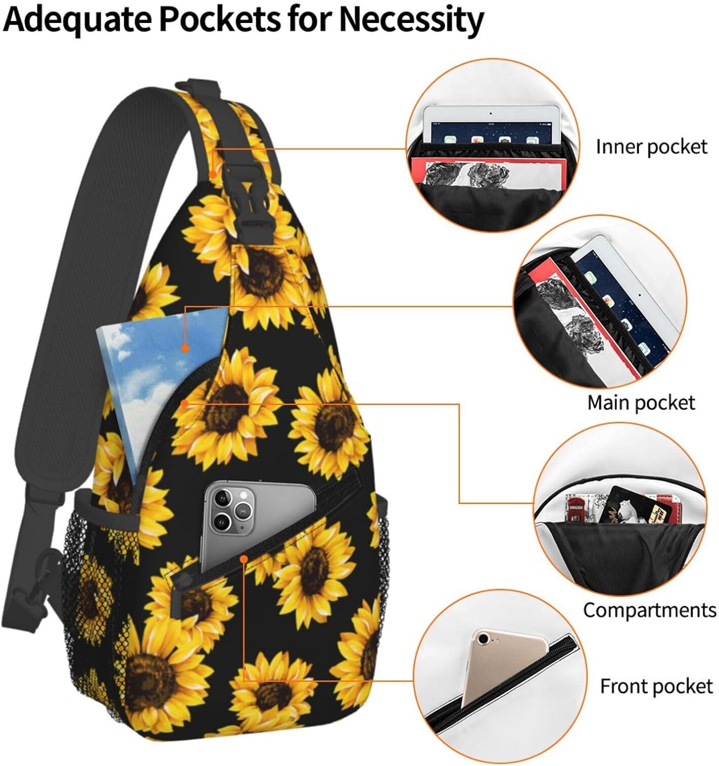 Sunflower Crossbody Sling Bag for Women Men Cute Yellow Flowers on Black Background Travel Sling Backpack Casual Chest Shoulder Bag Lovely Summer Floral Print Gym Sports Hiking Daypack - Image 3
