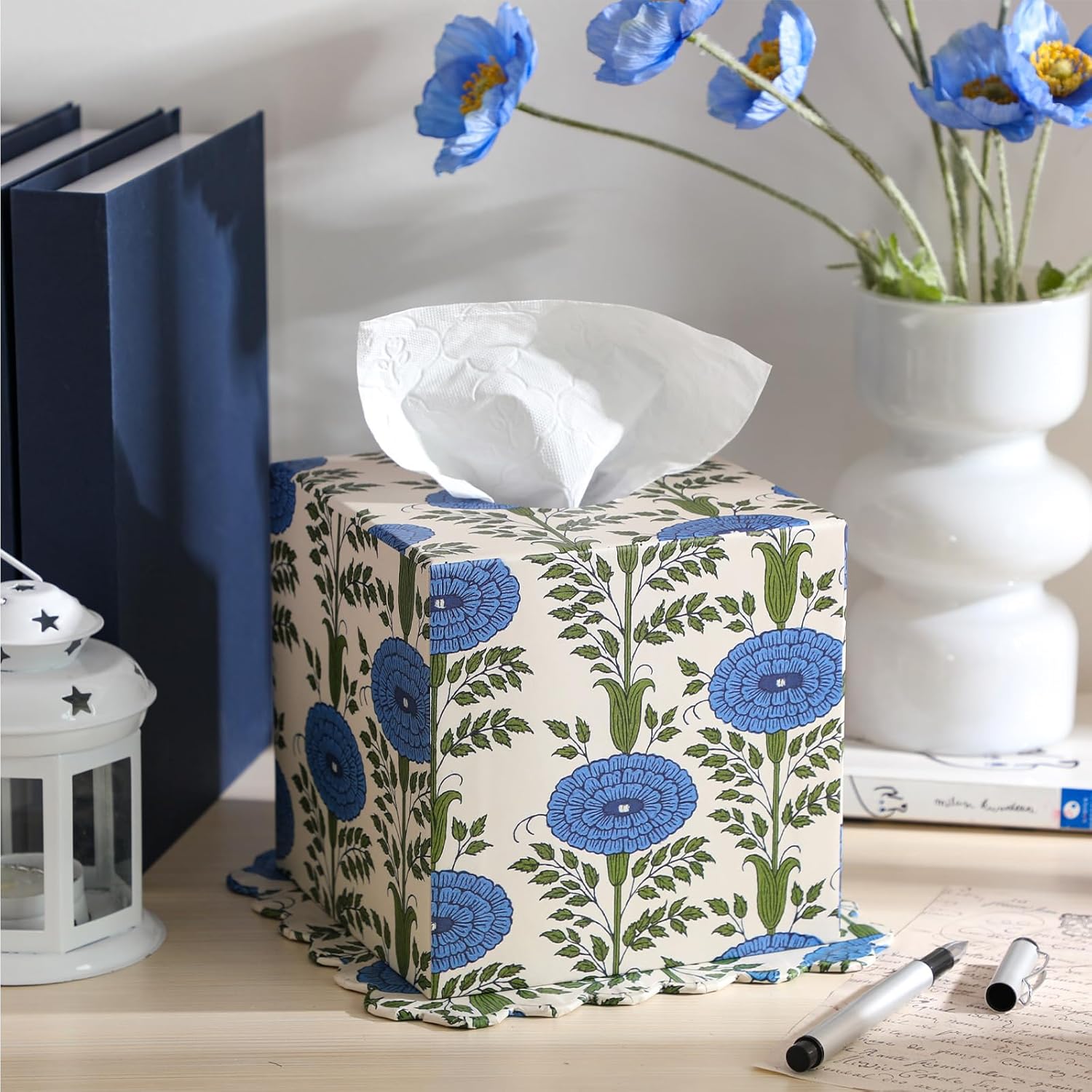 Blue Paper Mache Tissue Box Cover Floral Print Tissue Box Decorative Square Napkin Holder for Grand Millennial Home Bedroom Countertop Night Stands Office Country Decor