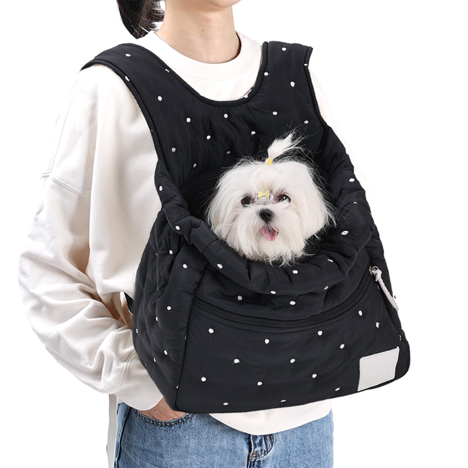 Zaino da viaggio per cuccioli, regolabile con coulisse traspirante, design a testa fuori per escursioni fino a 6 kg di animali domestici (nero)