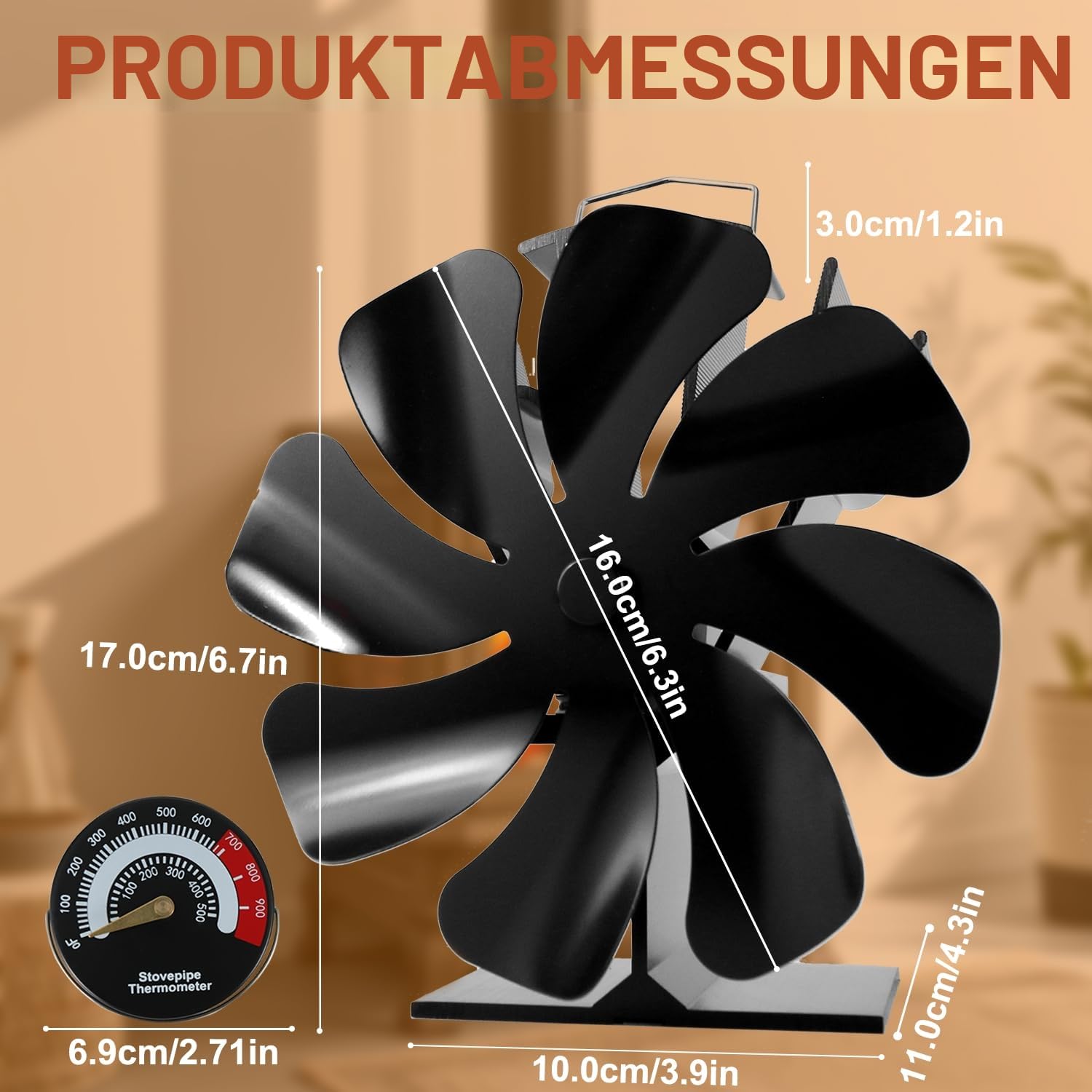 Kaminventilator ohne Strom, 8 Flügel Ofenventilator – Leiser Betrieb, mit Thermometer, Wärmebetriebene Feuerventilatoren für Holzofen/Kamin/Holzbrenner
