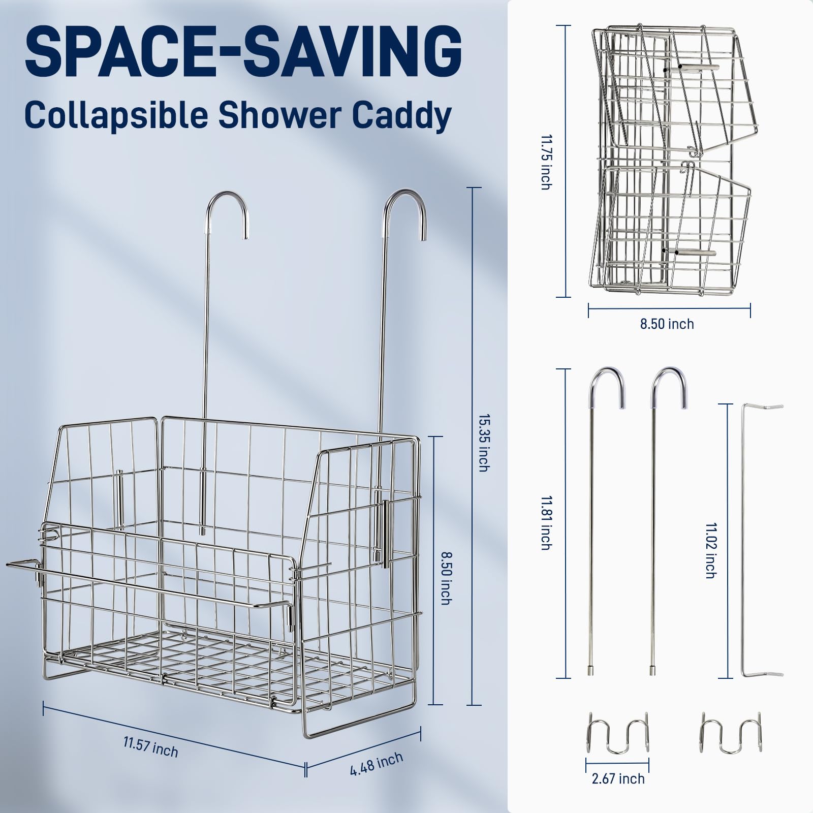 SUTINE Organizador de ducha colgante, organizador de ducha colgante para baño, estante de almacenamiento de ducha con ganchos sobre la puerta, estante de cesta de ducha de acero inoxidable 304 para