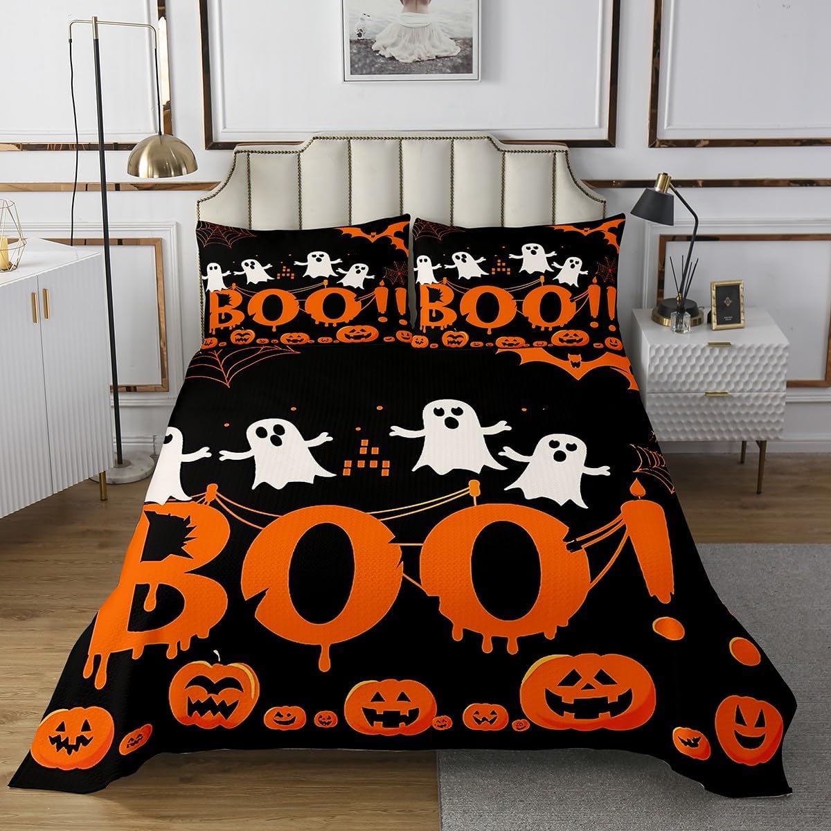 jejeloiu Kids Halloween Decor Bedspread Quilts Cartoon Ghost Coverlet Set King Size for Kids Boys Girls Spooky Halloween Pattern Quilted Coverlet for All Season with 2 Pillowcases Spider Web