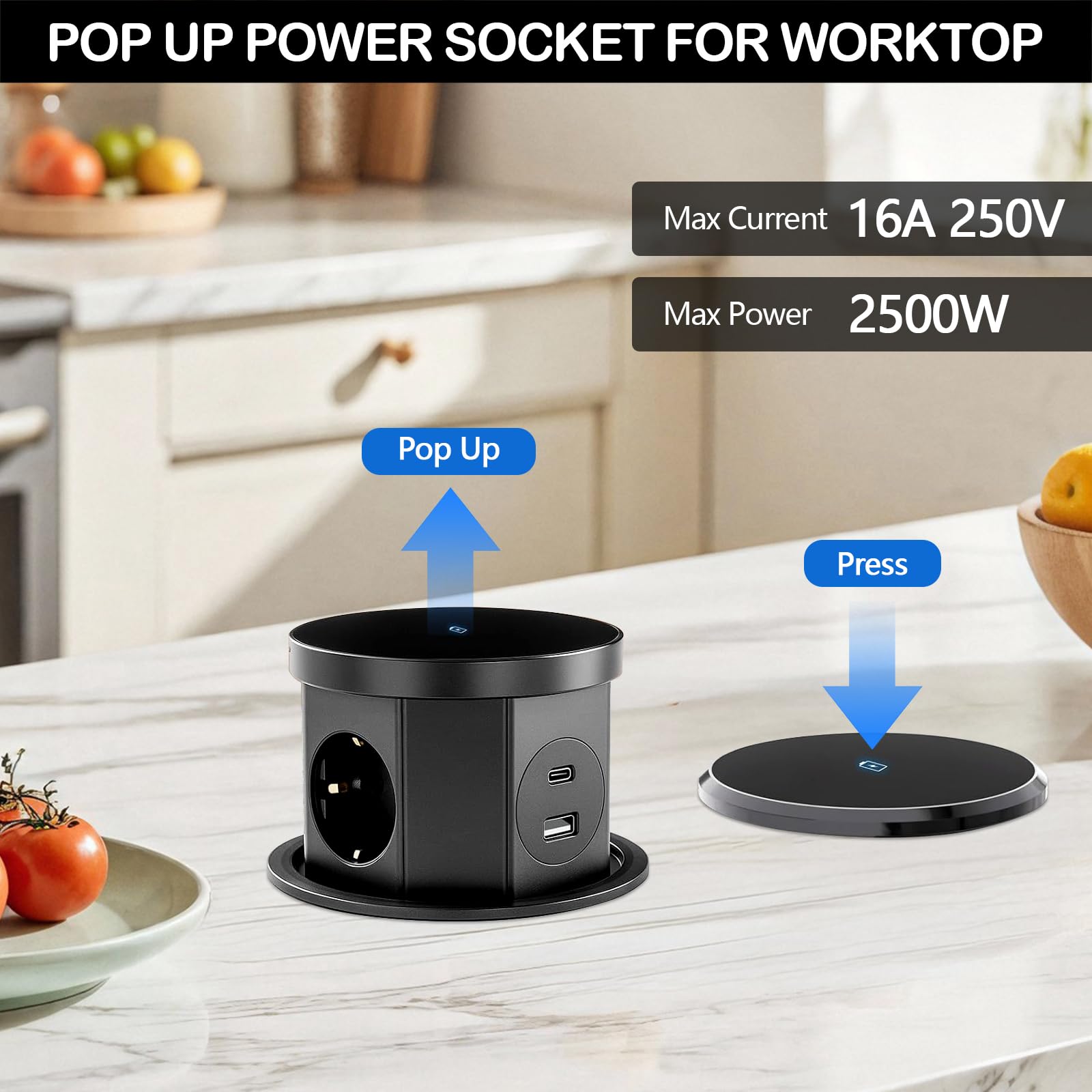Enchufe Retráctil de 3 Enchufes, Regleta Empotrable Mesa con 15W de Carga Inalámbrica, USB C y USB A, Toma Empotrable Escritorio para Oficia, Casa y Cocina, Cable de 1,5M