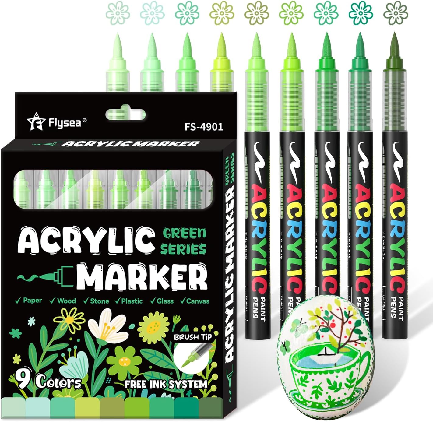 9 Green Series Paint Pens Waterproof Brush Tip Acrylic Markers