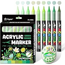 9 Green Series Paint Pens Waterproof Brush Tip Acrylic Markers | Quick Dry, Fade Resistant, Water Based Marker Pens for Rock Painting, Wood, Ceramic, Acrylic Paint Markers for Egg Pumpkin