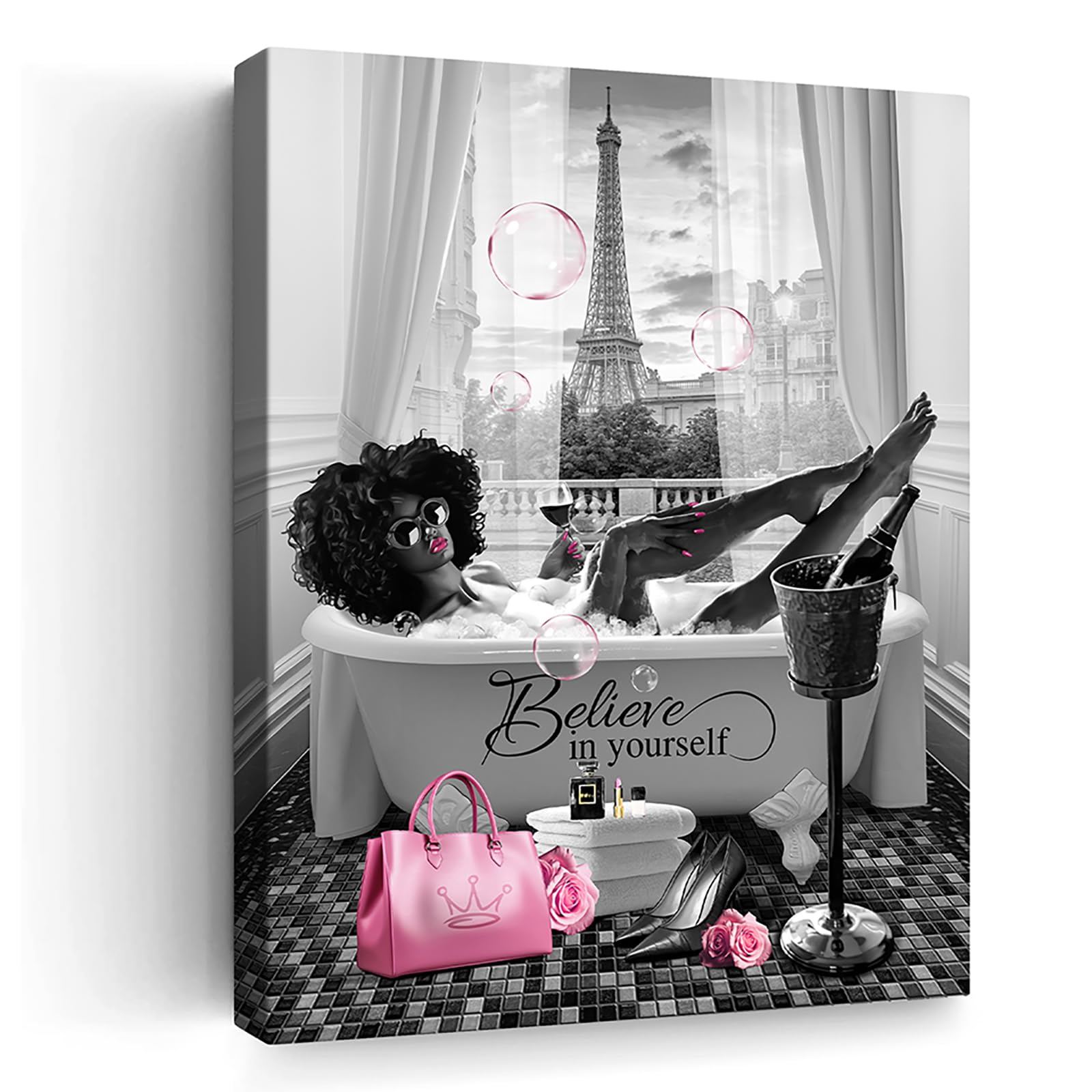 African American Wall Art Bathroom Decor Wall Art Black Girl In Bathtub Canvas Poster Prints Modern Pink Wall Decor Fashion Black Women Pictures
