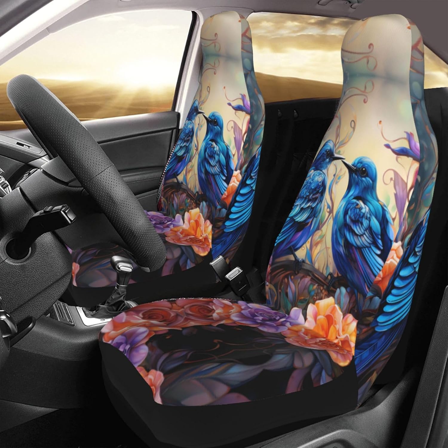 Universal Blue Bird in Flower Printed car seat Covers are Suitable for Most Seats in Trucks, Vans, and Other Similar Vehicles.