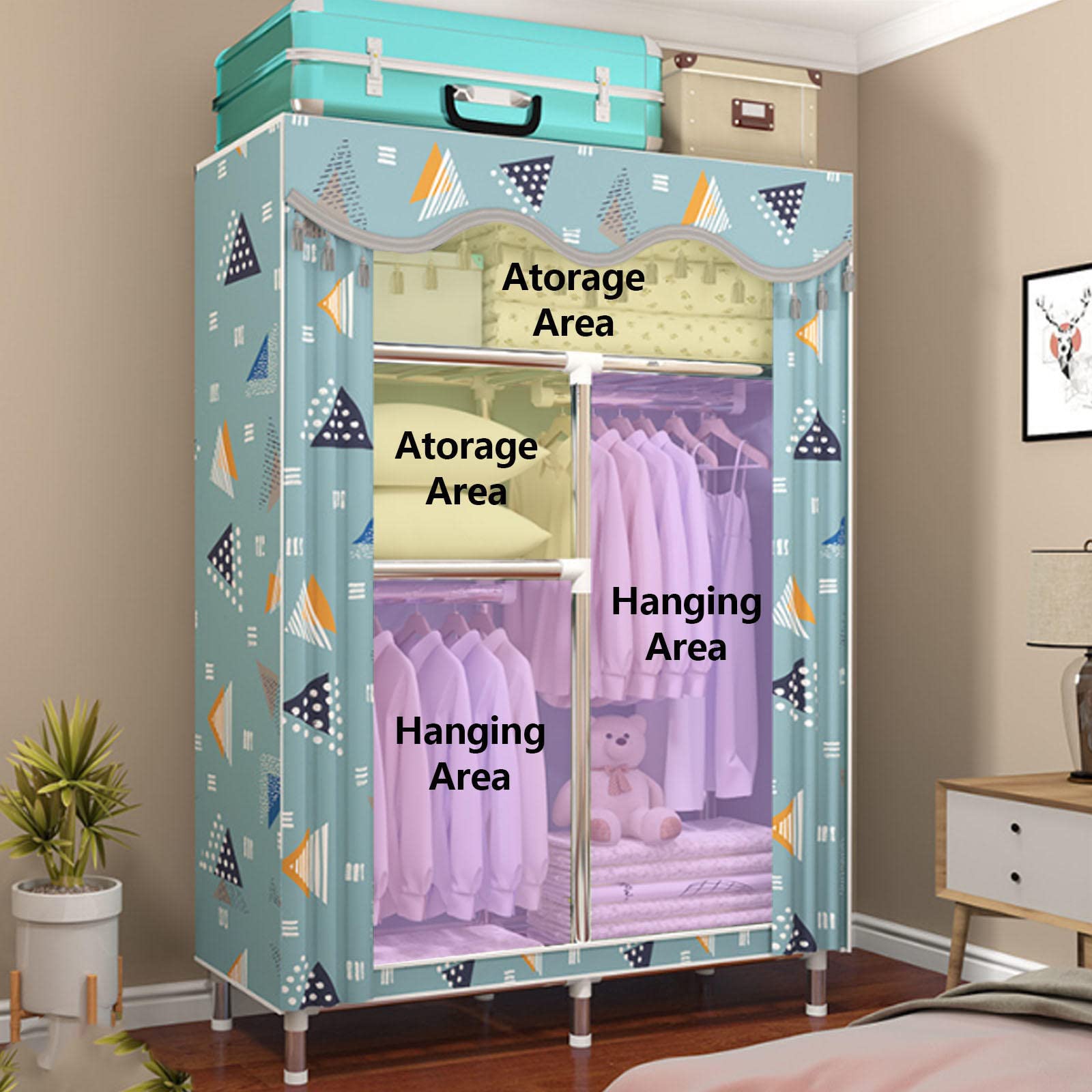Kleiderschrank Tragbarer Kleiderschrank aus Segeltuch, Stoff-Kleiderschrank-Aufbewahrungsorganisator mit Kleiderstange, faltbarer Schrank für Schlafzimmer,Grün-90x46x170cm
