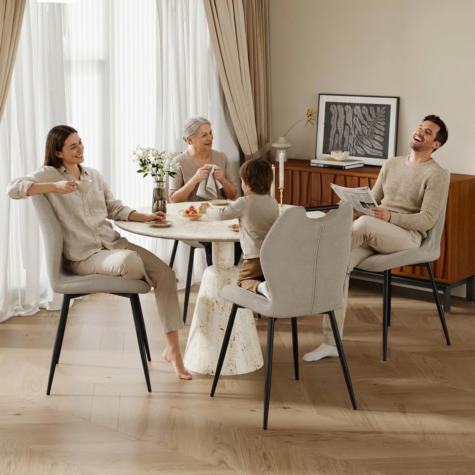 JIJIAN Lot de 6 Chaises de Salle à Manger, Chaise tapissée, Dossier en Tissu, Pieds en Métal, Gris Brun