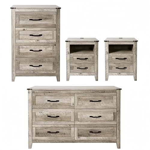 NEDYO 4PCS Farmhouse Dresser Set, Dresser and Nightstand Sets, Rustic