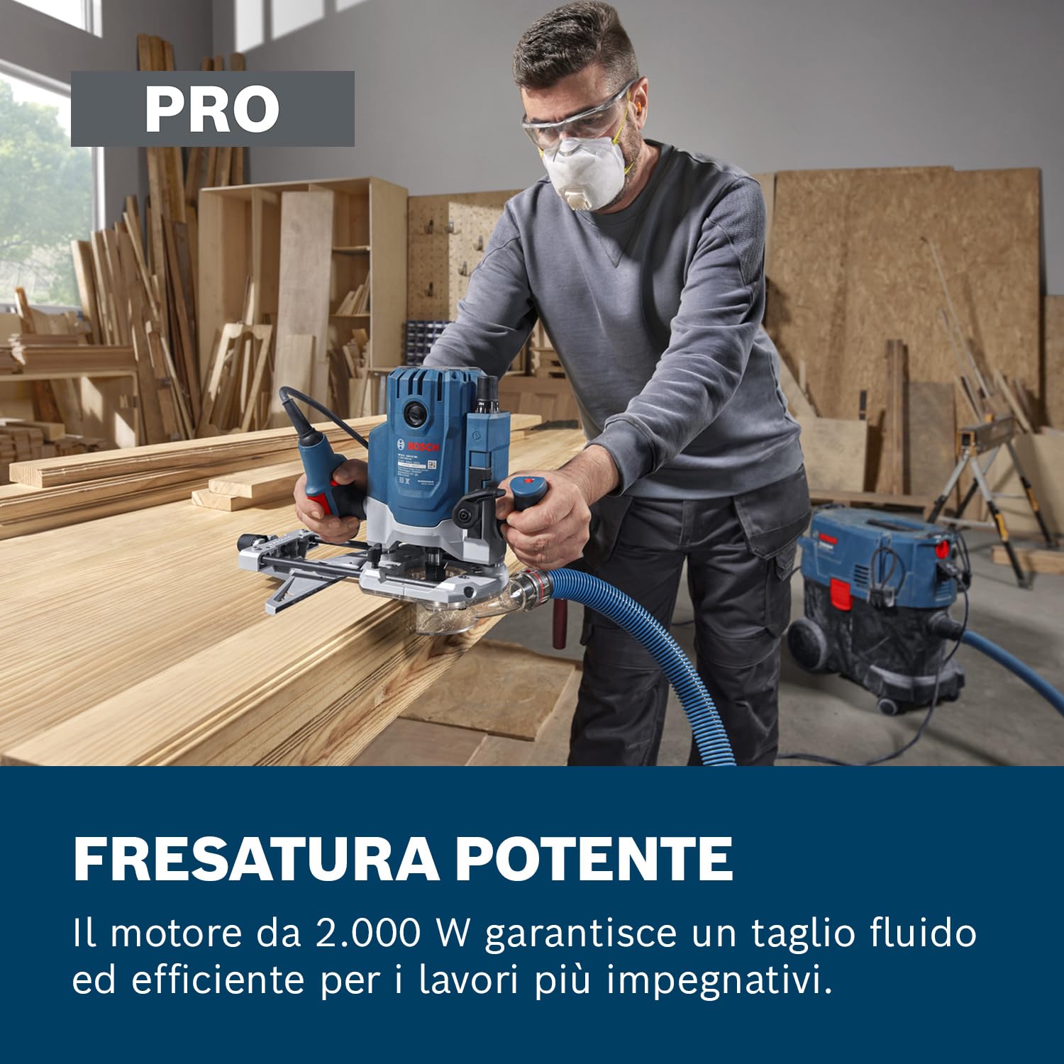 Bosch Professional Fresatrice a filo GOF 20-12 (incl. aspiratore, rullo e guida parallela, perno di centraggio, chiave a bussola, set di pinze 12 mm, 8 mm, manicotto di guida 17 mm)