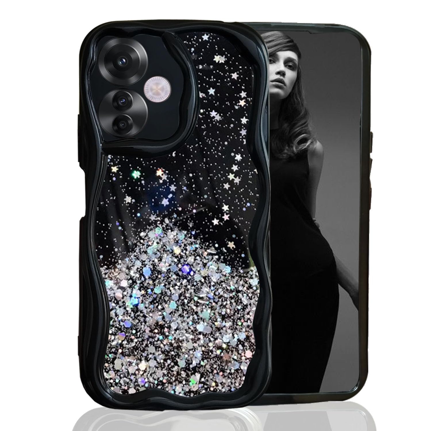 KC Back Cover for Oppo F25 Pro 5G - 3D New Curly Wave Dry Fixed Non Moving Starry Glitter Shockproof Bumper Soft Silicone Case with Camera Protection (Black) (B0D39XBCP5) Amazon Price History, Amazon Price Tracker
