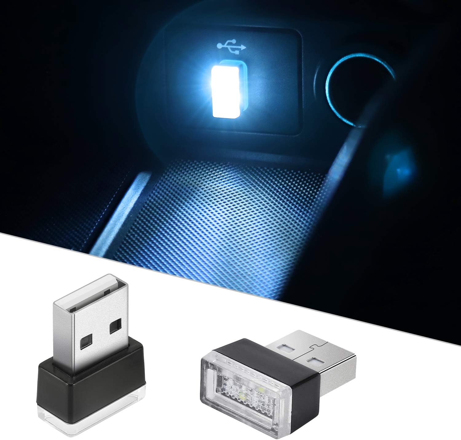 2Pcs USB LED Atmosphere Lights Mini Car Interior Accessories Ambient Lamp, Mini USB LED Decoration Night Light for All Car Interiors (ice Blue)