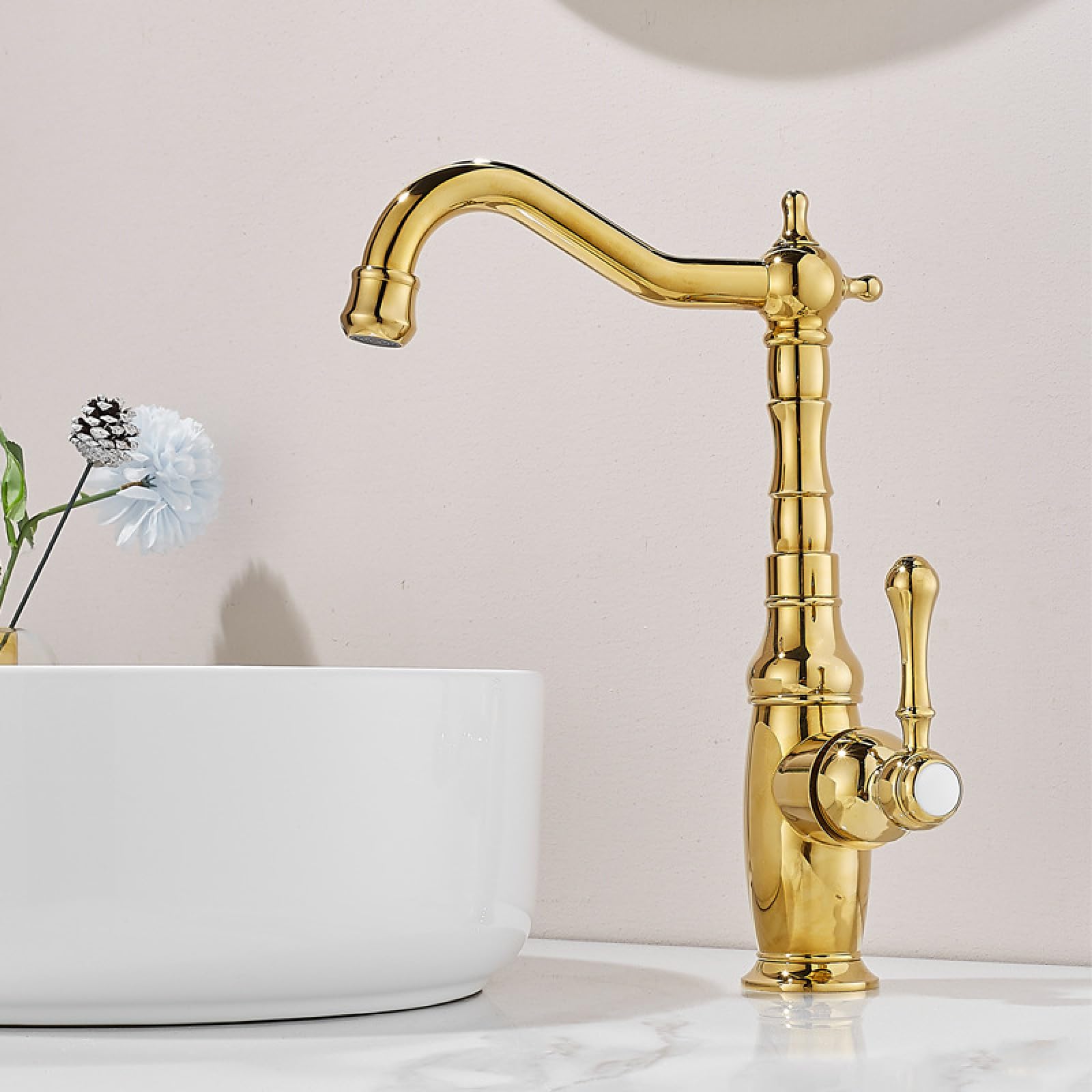 Fanjubei Golden And High Bathroom All-Copper Washbasin, Above Countertop Basin Hot And Cold Water Faucet, Golden Tall