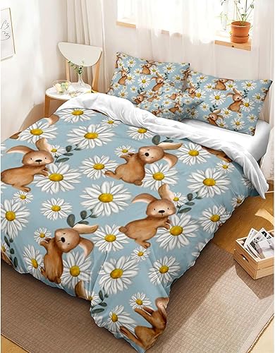 Miniatura 6 de Children's Room Duvet Cover Set, Floral Little Rabbit Printing Bedding Set Microfiber Breathable Quilt Cover with Pillow Shams, Home Decoration for