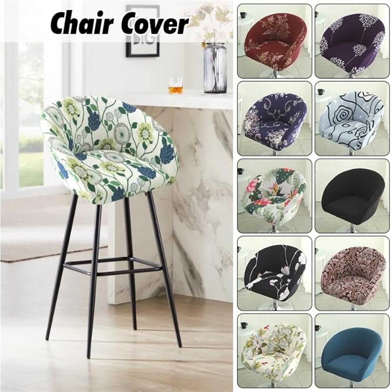 Bar Stools Cover, Short Back Chair Cover, Printed Swivel Chair Slipcovers With Back, Stretch Bar Stool Chair Slipcovers With Round Backs Arms Curved Accent ,Counter Bar Stool Cover For Armchair,Kitche