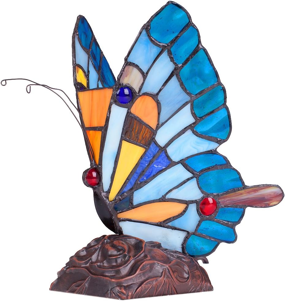 RIVER OF GOODS - Stained Glass Table Lamp - Decorative Lamp for Bedroom - Bedside Lamp - Desk Lamps for Home Office - Tiffany Style (Flying Butterfly)