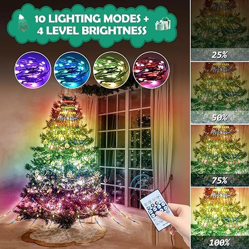 Miniatura 5 de Cadena de luces para árbol de Navidad con anillo inteligente con control de aplicación, 200 luces LED con sincronización de música, cambio de color,