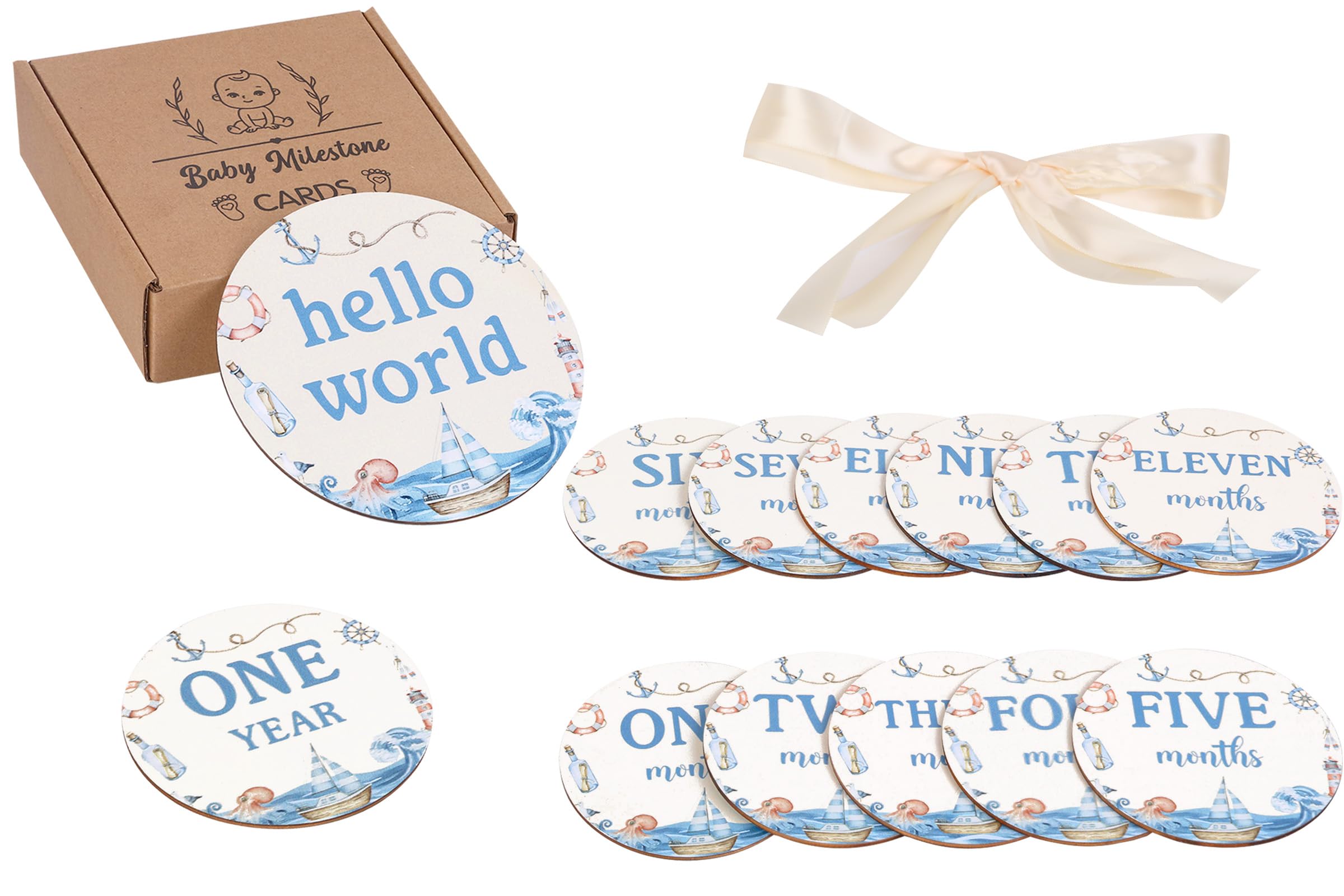 Sursurprise Nautical Milestone Cards, Baby Monthly Milestone Markers, Wooden Milestone Cards, 13PCS Nautical Double Sided Hello World Newborn 1-12 Months Circles Discs Signs Props