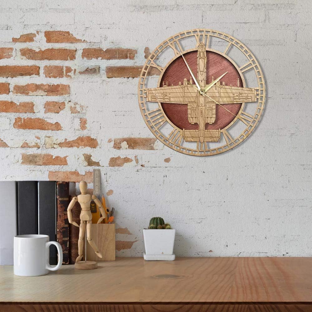 The Geeky Days A-10 Thunderbolt II Warthog Jetfighter Wooden Silent Quartz Wall Clock United States Air Force Vehicle Silent Non Ticking Rustic Watch