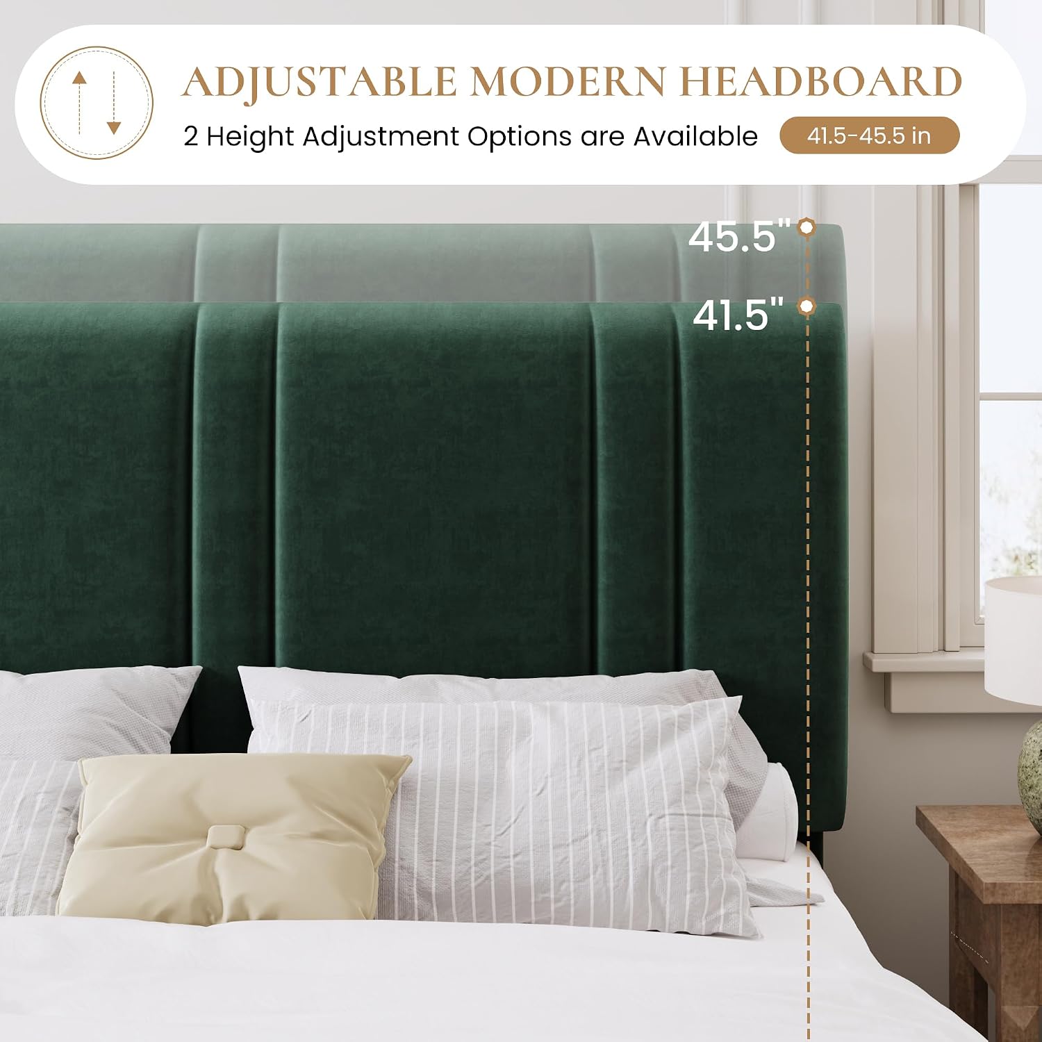 SHA CERLIN Queen Size Platform Bed Frame, Velvet Upholstered Bed with Adjustable Headboard, Vertical Channel Tufted Design, Sturdy Wood Slat Support, No Box Spring Needed, Easy Assembly, Green