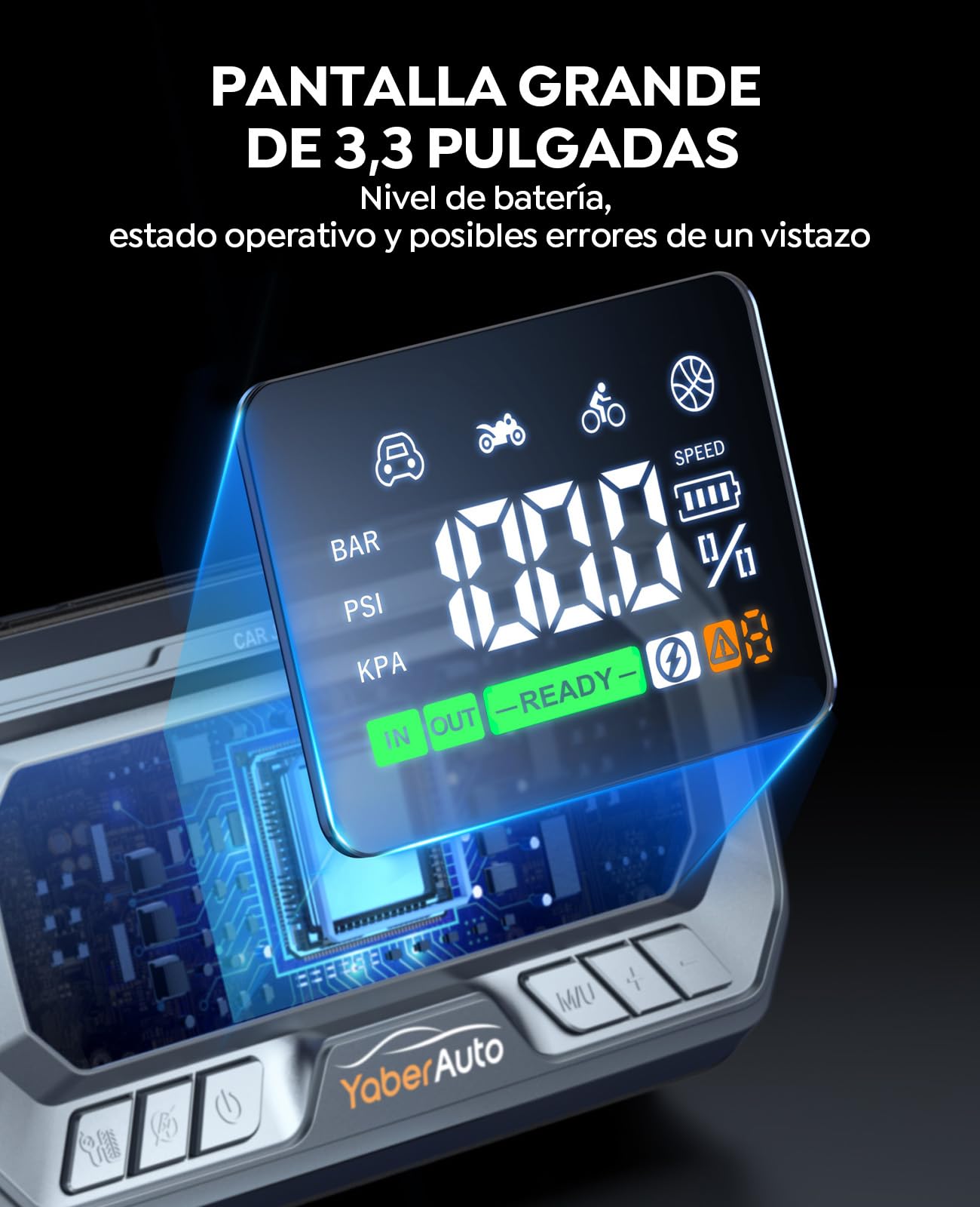 Arrancador de Baterias de Coche con Compresor de Aire, 8000A 160PSI YaberAuto Arrancador de Coche Portatil (Todo Gas/12,0L Diesel) con 65W Carga Rápida, Inflador, Pantalla Grande y Linterna LED