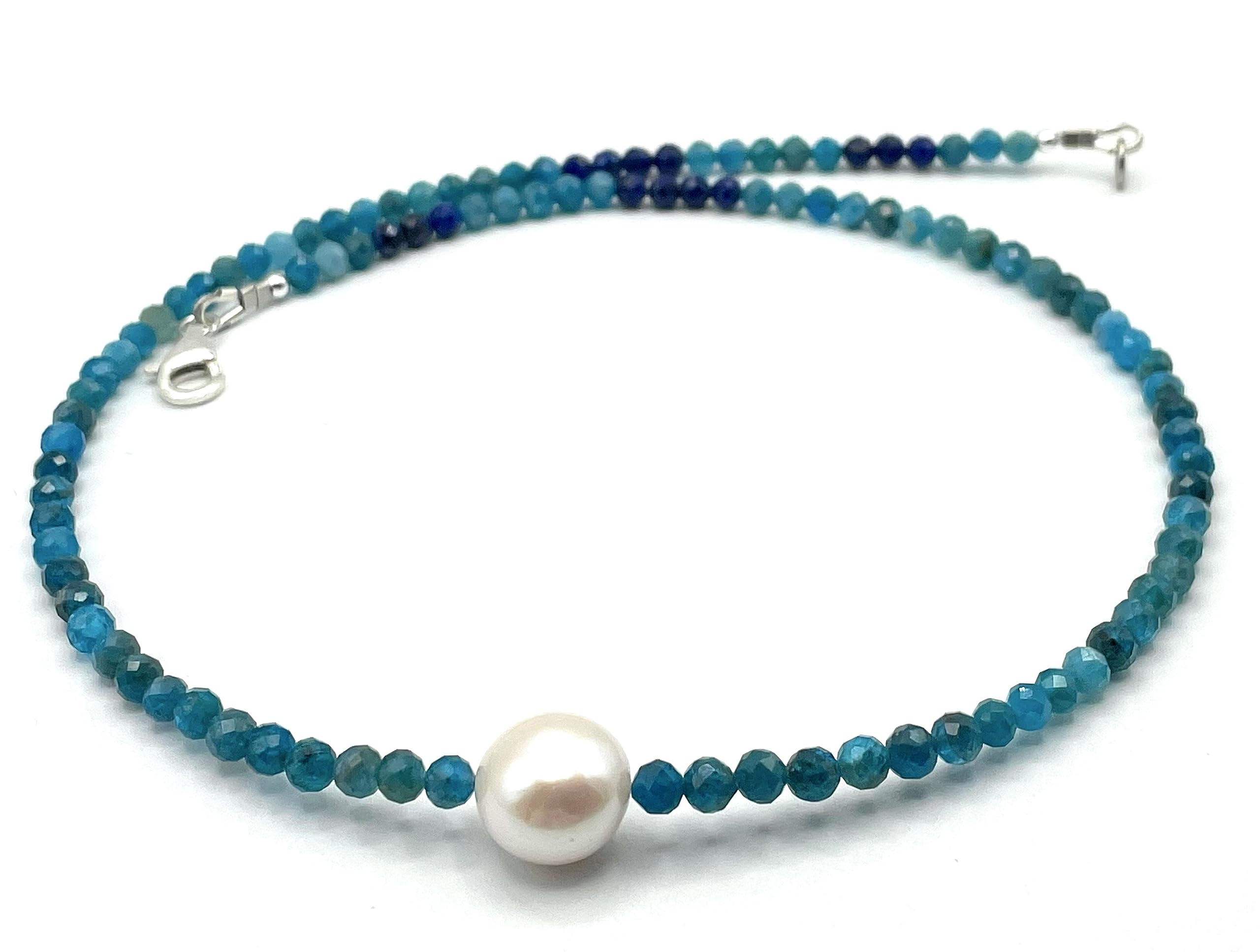Collana con Apatite Blu e Perla Bianca Naturale, Girocollo con Piccole Pietre, Argento 925, Gioielli Italiani, Bijoux Estate, Made in Italy