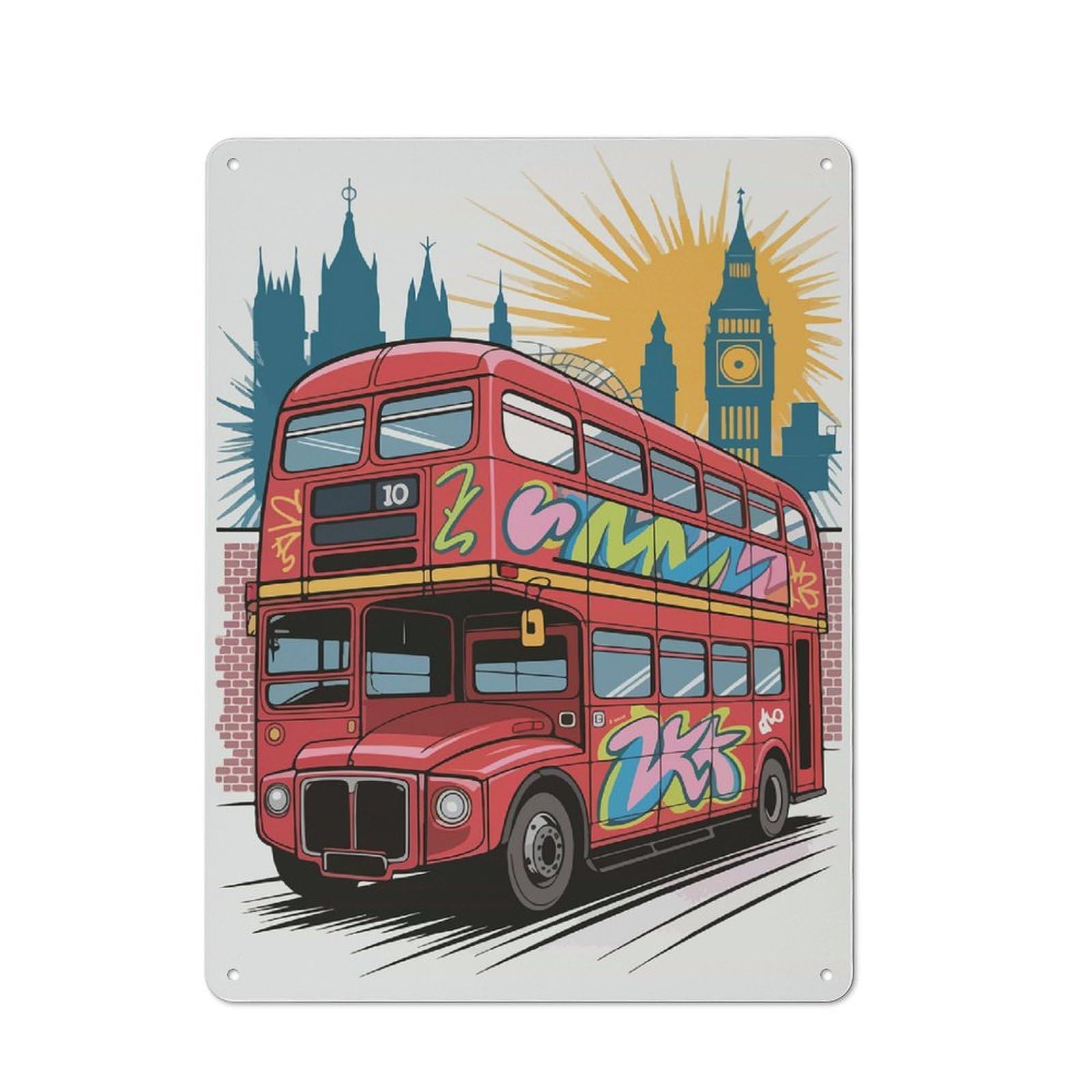 Junmoney London Bus With Graffiti Art Vintage Tin Sign 40X30cm, Nostalgic Retro Room Decor For Bedroom, Office, Home Bar Or Dining Room
