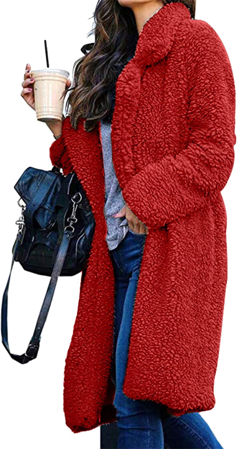 GRASWE Women Winter Cozy Top Coats Long Sleeve Warm Lapel Jacket Fashion Medium Length Solid Color Coats