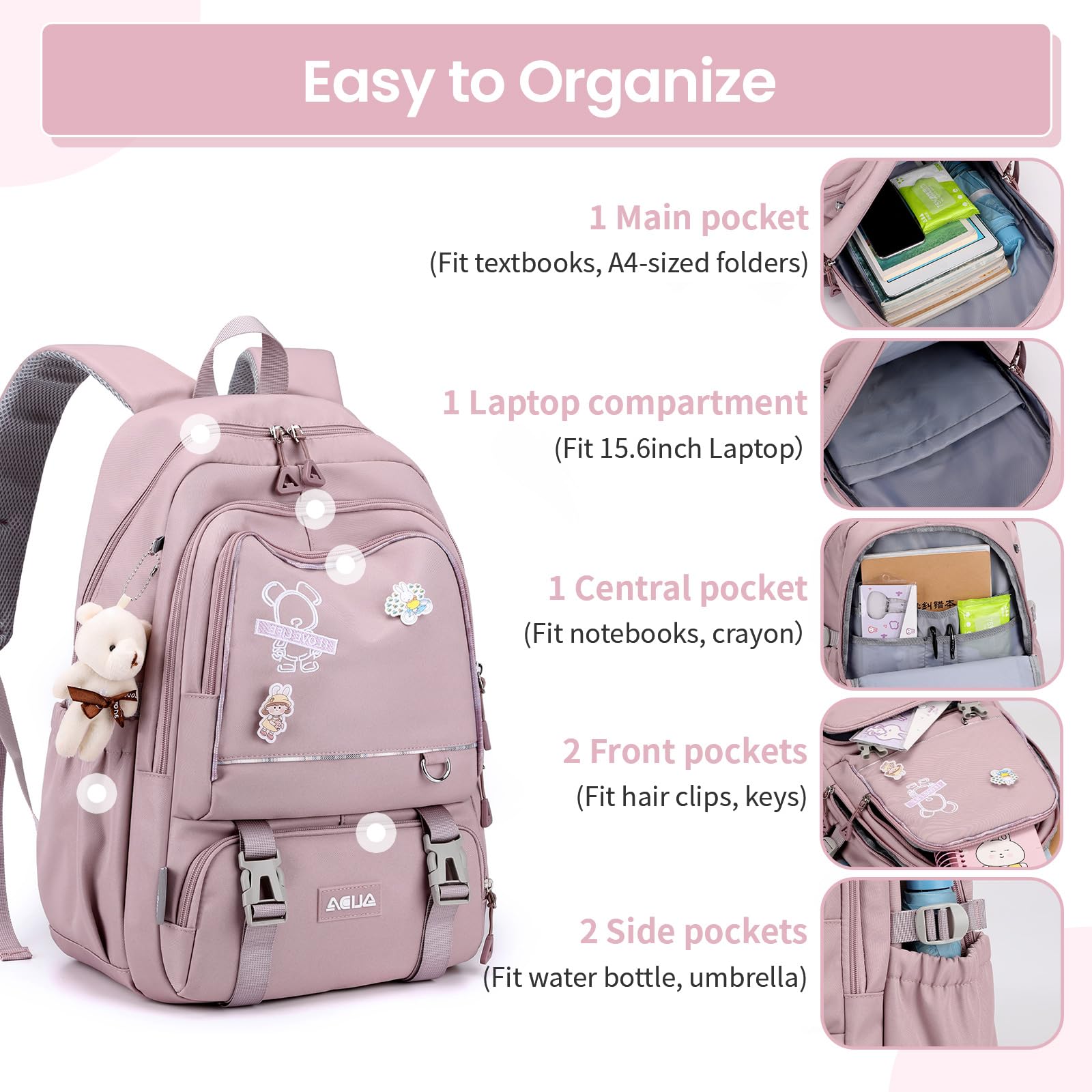Amythe Mochilas Escolares Niñas Adolescentes Ligera Grande Moda, Morado | Mochila Colegio para Niña Chicas 10 12 16 18 años, Mochilas Impermeable de Viaje de Primaria Secundaria Instituto