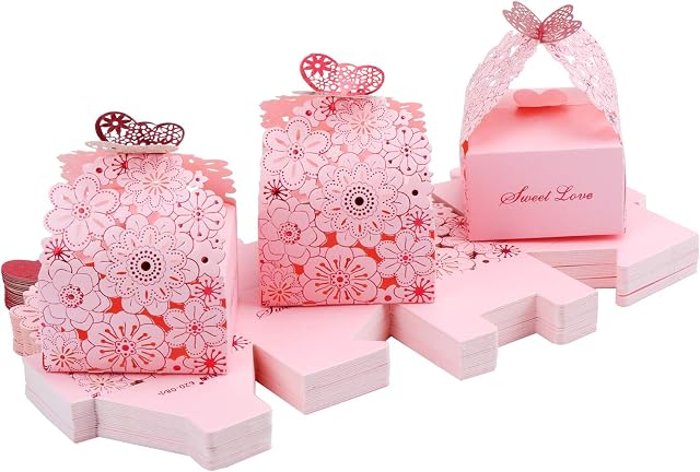 TsunNee Hollow Paper Candy Boxes, Flower Pattern Wedding Favour Boxes, Butterfly Pattern Party Gift Boxes, Creative Paper Treat Boxes, Pink, 30-Pack