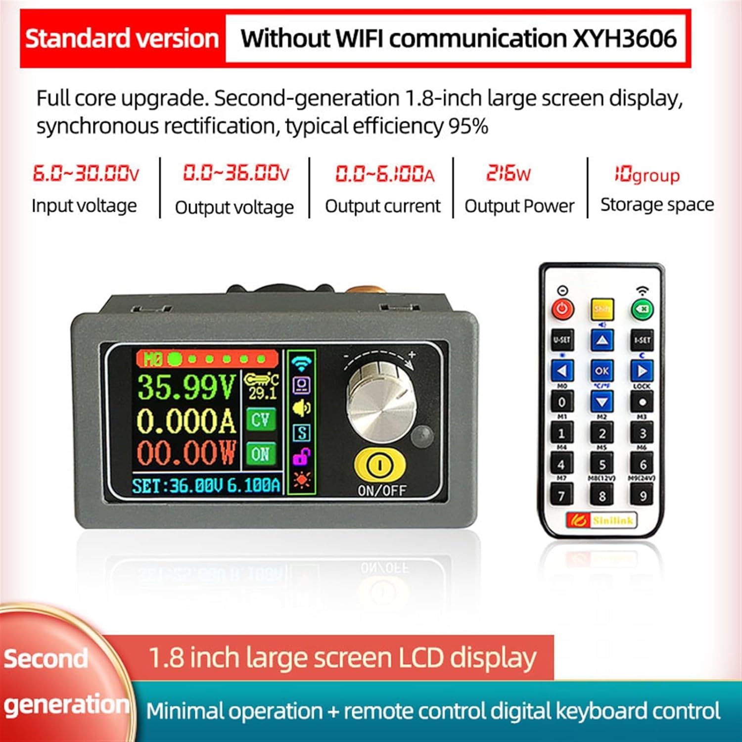 XYH3606 features including input/output voltage, current, power, and storage space