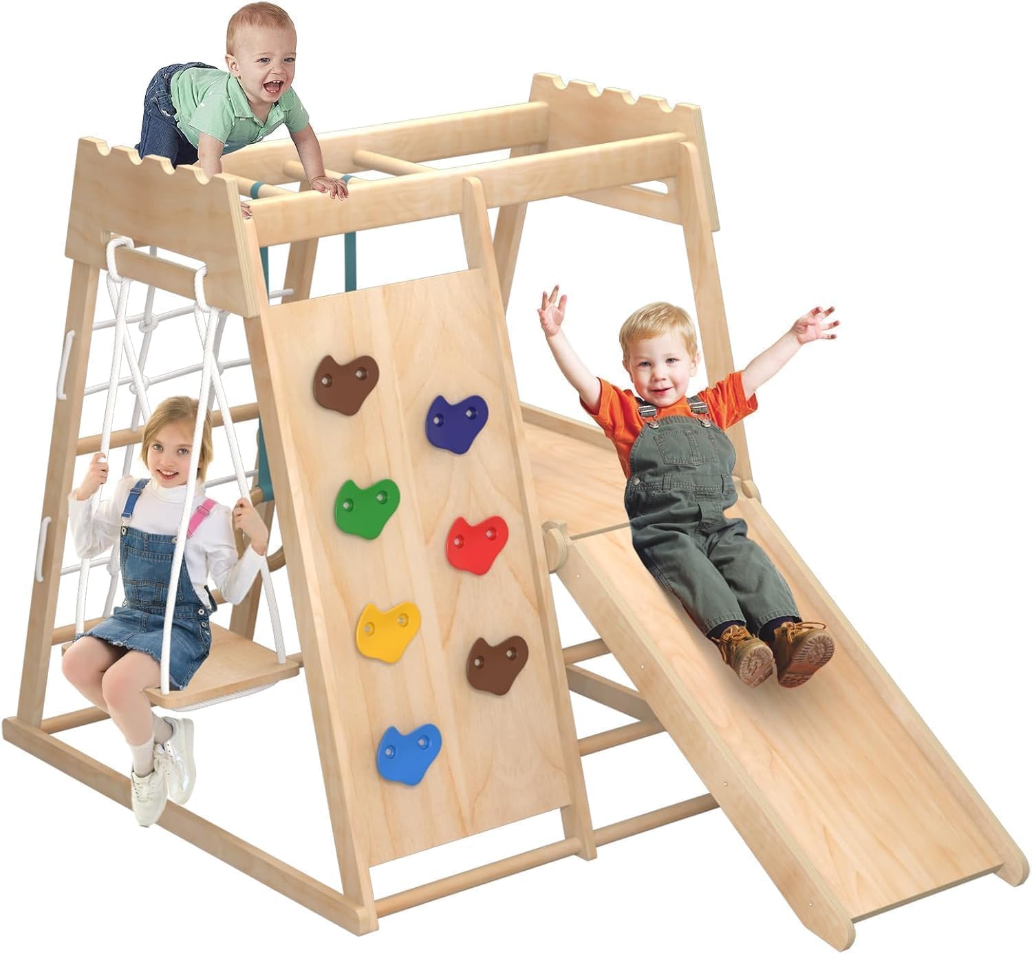 8-in-1 Indoor Playground, Indoor Jungle Gym for Toddlers, Kids Climbing Toys Indoor, Wooden Montessori Climber Playset with Swing, Slide, Monkey Bar, Wood Ladder, Climbing Net,Gymnastic Rings