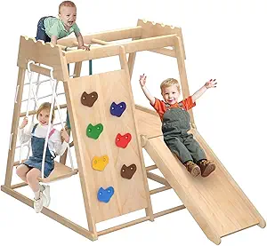 8-in-1 Indoor Playground, Indoor Jungle Gym for Toddlers, Wooden Montessori Climber Playset with Swing, Slide, Monkey Bar, Wood Ladder, Climbing Net,Gymnastic Rings
