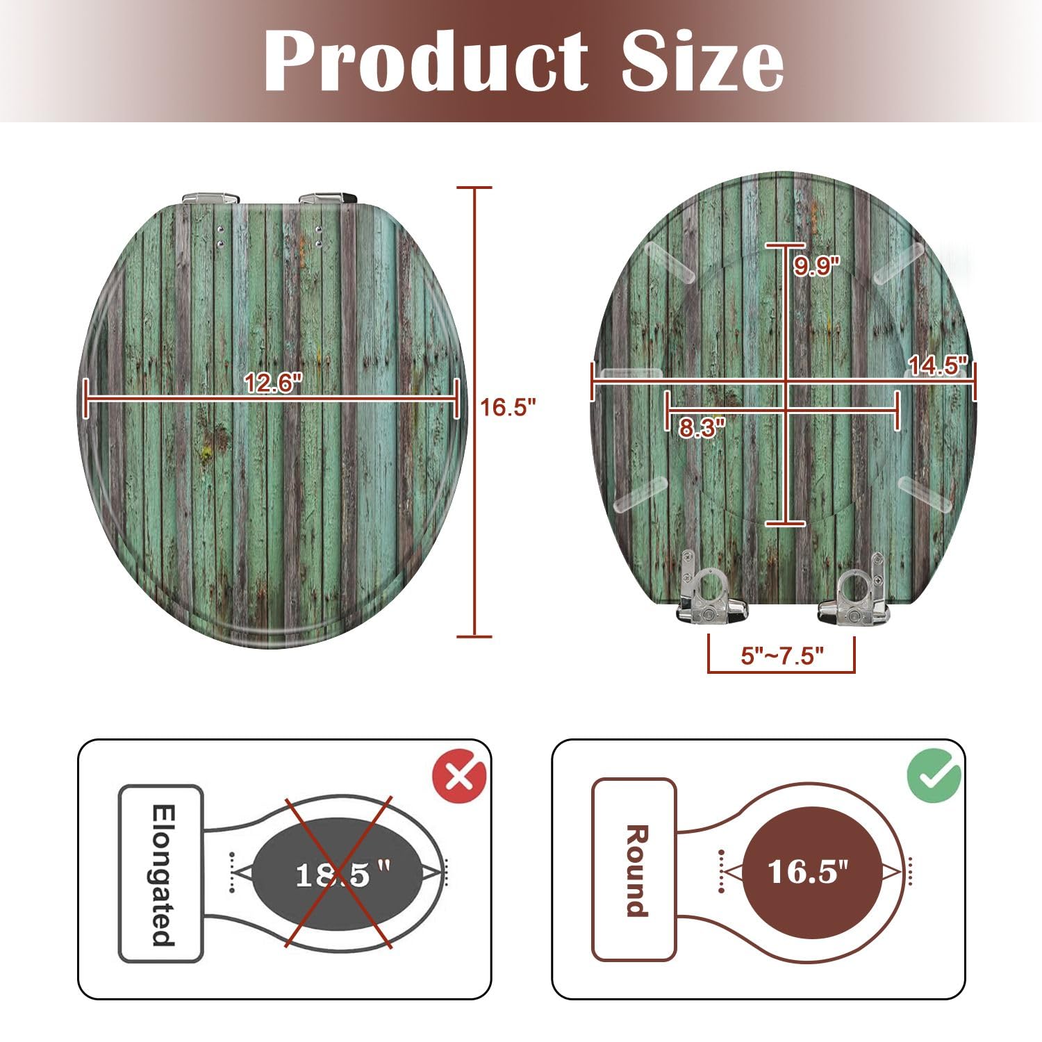 Abattant de toilette rond en résine. Belle texture de bois provenant de vieilles planches de bois à la peinture patinée. Fermeture lente et silencieuse. Charnières à dégagement rapide. Butoi