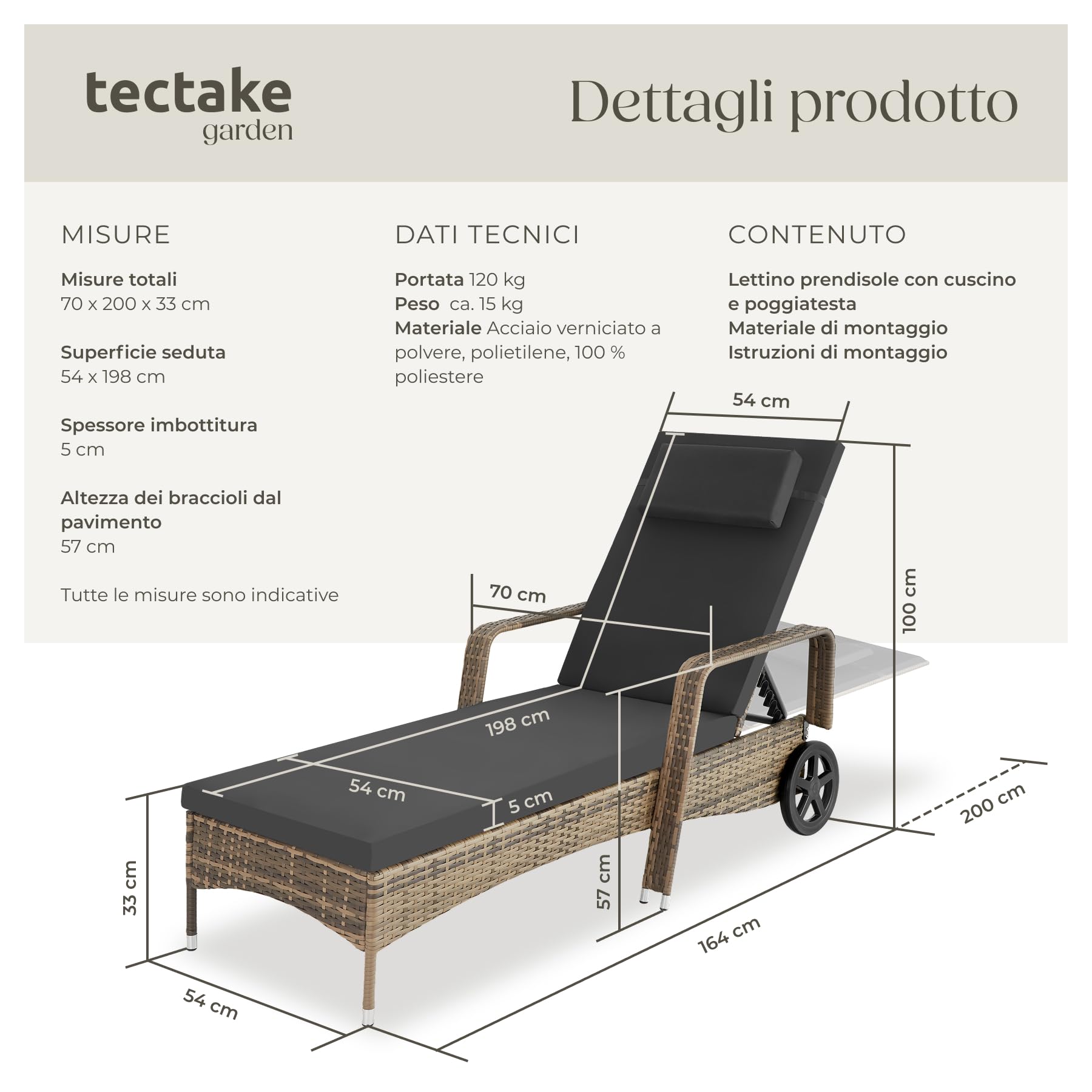 “tectake® Poly Rattan Sun Bed, Outdoor Garden Furniture, Sun Loungers, Garden Chairs, Terrace, Balcony, Pool Chairs, Rubberized Wheels, Interior Furniture, Sofa Chair - Natural/Dark Gray